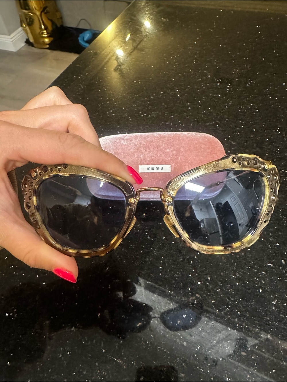 Miu Miu Gold Tortoiseshell Frame Sunglasses with Purple Lenses - Picture 3 of 6